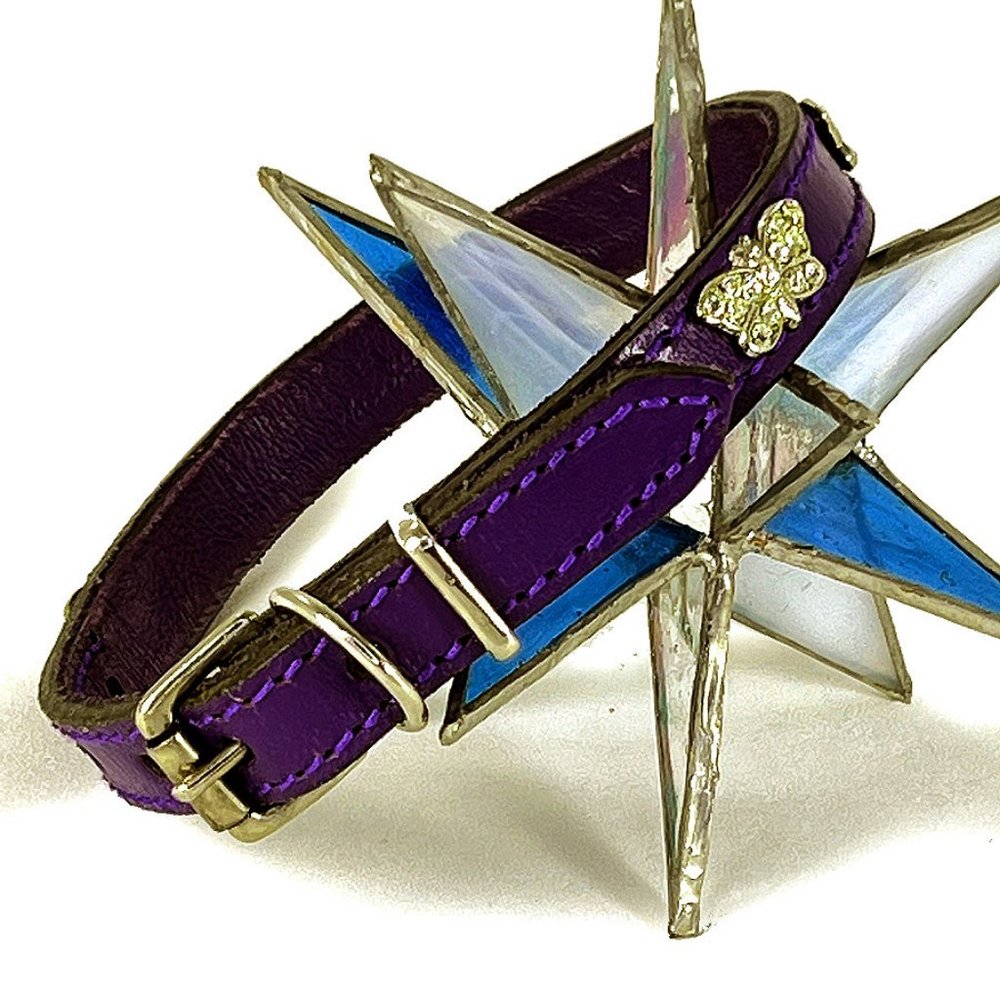Crystal Butterfly & Purple Leather Collar, 12"-15" - Picture 2 of 5
